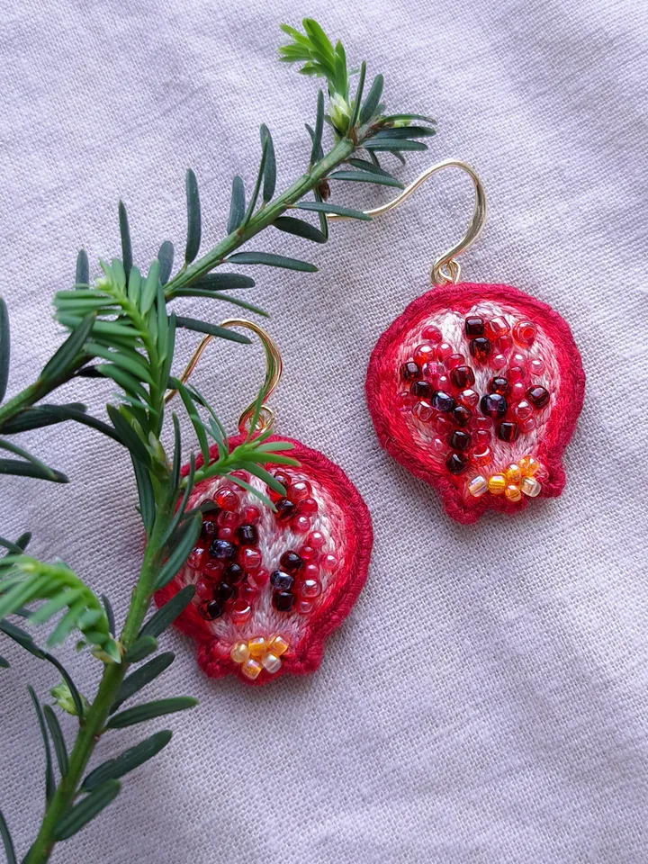 Pomegranate Earrings Handcrafted Jewelry Hand-Embroidered Unique Quirky Accessory Fruit Dangles Accessories Gift for Her