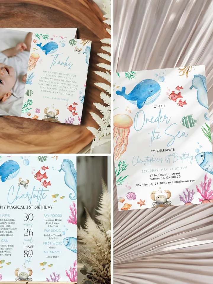 Oneder the Sea Birthday Invitation Bundle Boy or Girl Under the Sea 1st Birthday Invite Blue, 1st Birthday Girl, Sea Party Decorations i107