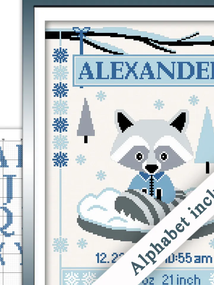 Baby Birth Announcement. Raccoon Cross Stitch Pattern. Animal Cross Stitch. DIY. Customizable New Baby.