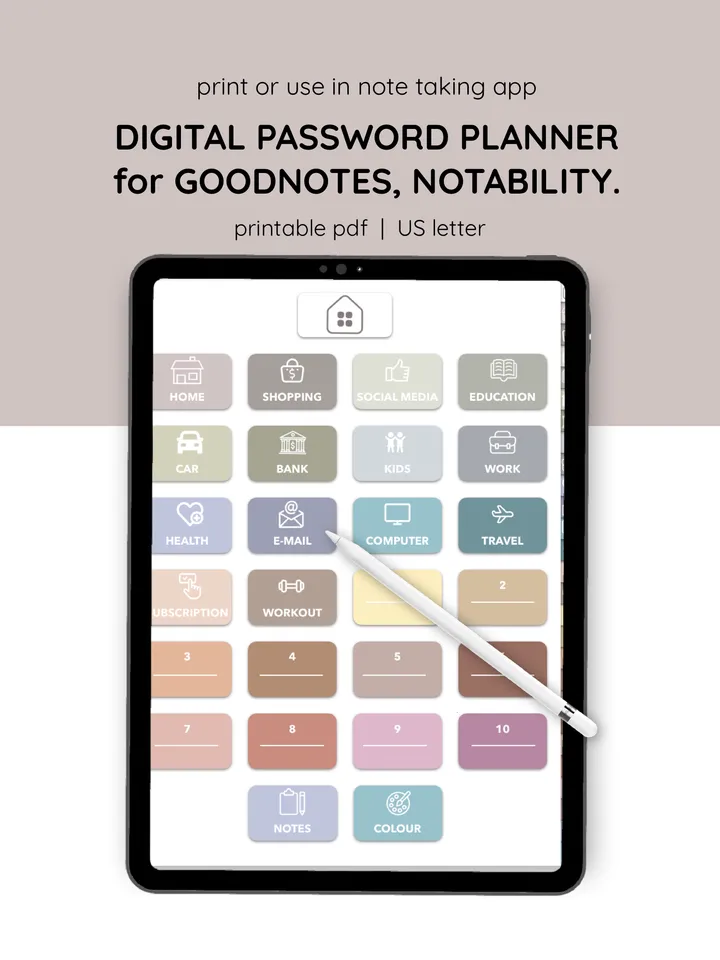 Digital password planner. Hyperlinked password tracker. Password Log. Password Organizer. Ipad password keeper.