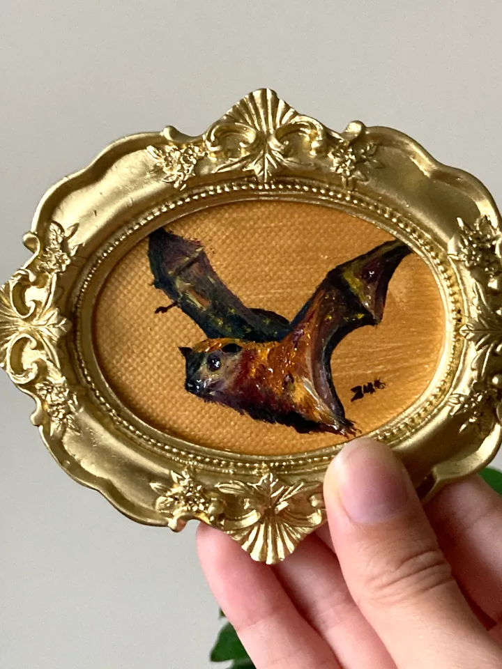Fox Bat Painting Original Framed Small Oil Painting Gold Frame Goth Art