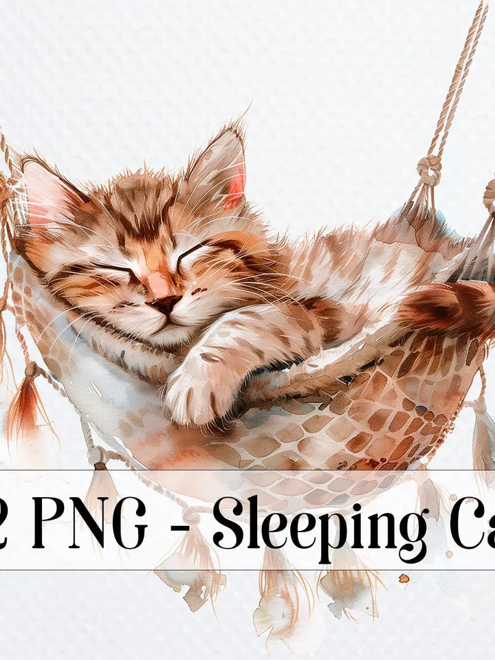 12 Sleeping Cat PNG Bundle, Cat in Hammock Printable Watercolor clipart for sublimation, High Quality PNGs, Paper craft, junk journals