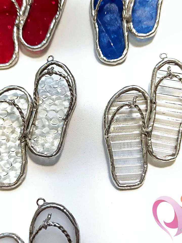 Real Stained Glass Flip Flop Car Charm or Bag Charm Suncatcher for Beach Lovers Cute Rear View Mirror Decoration Unique Purse Accessory