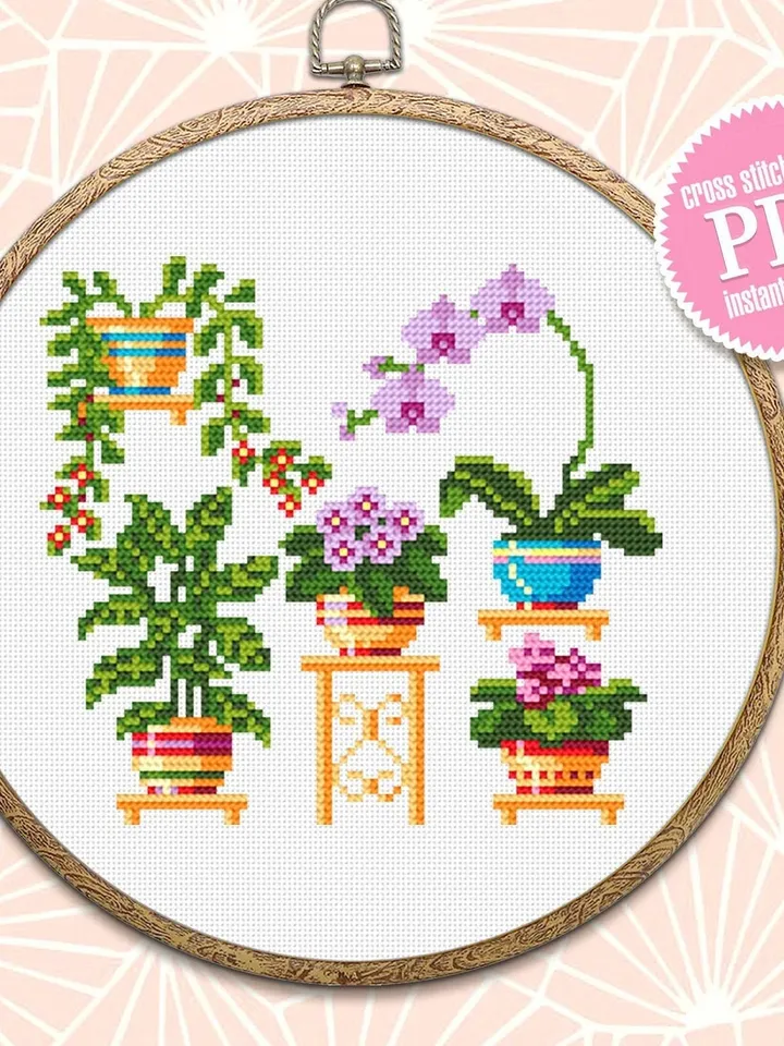 Home plants cross stitch pattern download PDF Floral cross stitch chart, Easy small cross stitch sampler, Potted plants hand embroidery #P3