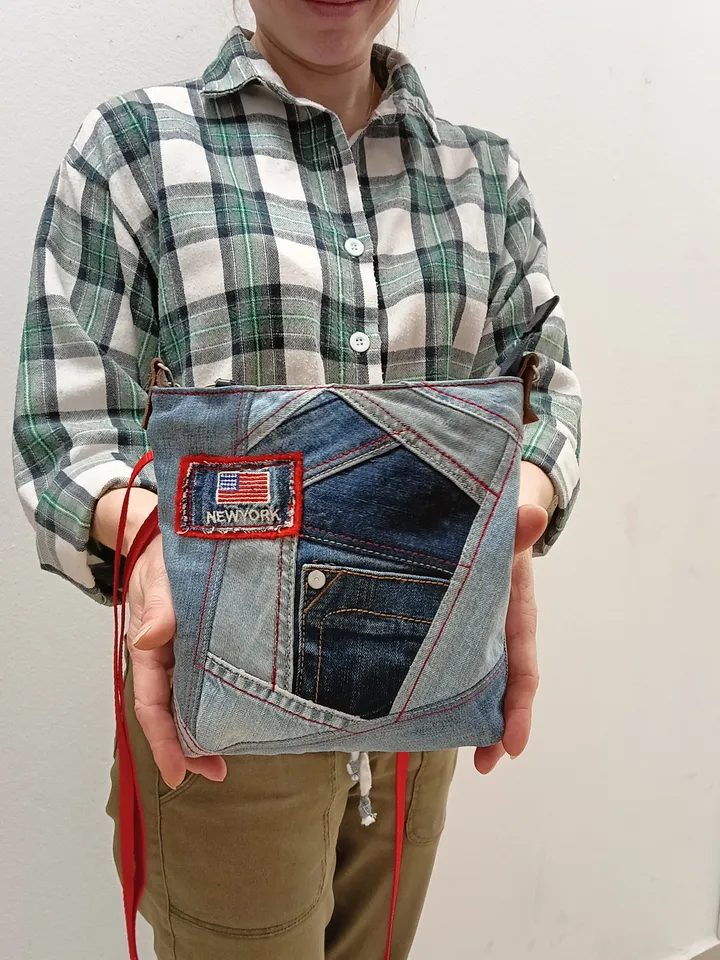 Small denim crossbody or shoulder bag, handmade in crazy patchwork style from environmentally friendly jeans material