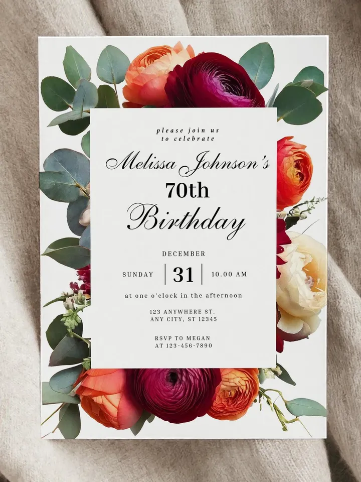 70th Birthday Invitation Elegant Floral Birthday Evite, Burgundy Peach Ivory Ranunculus Eucalyptus 75th Printable Invite canva template
