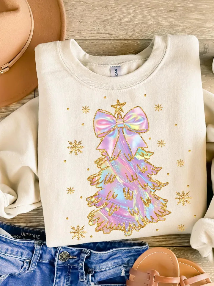 Iridescent Christmas Tree PNG, Coquette Christmas Png, Iridescent Christmas Png, Girly Christmas Png, Colorful Glitter Christmas Tree Png