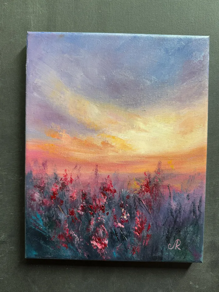 Sunset Oil Painting Rustic Wall Art Field Original Painting