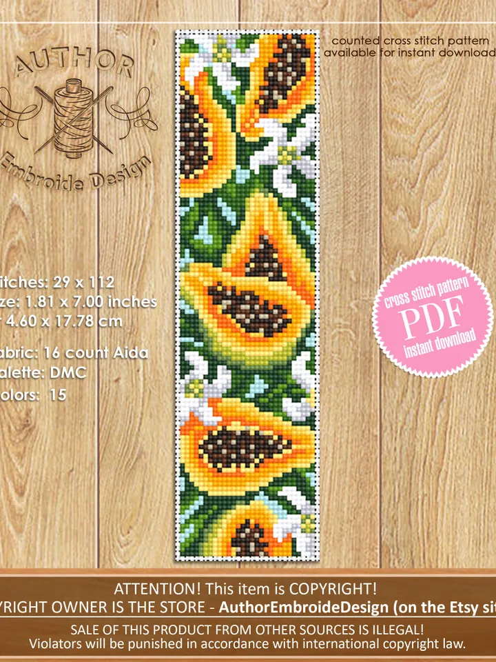 Tropical fruit bookmark cross stitch pattern PDF download Papaya cross stitch chart, Digital bookmark pattern, Easy handmade bookmark #B155