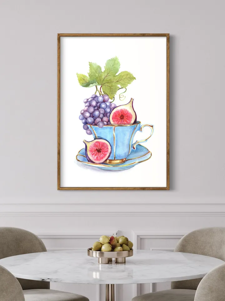 Tea Cup Watercolor Painting Print Fruit Watercolor Tea Lovers Vintage Tea Cup Art Figs Tea Party Decor Gift For Tea Lover Print Wall Art