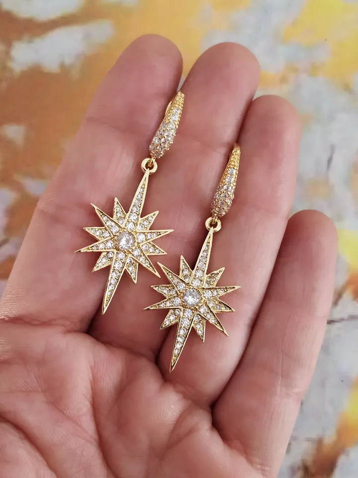 Gold Crystal Star Bridal Earrings | Gold Statement Earrings | Drop Wedding Earrings | Wedding Jewelry | Celestial Jewelry | Bridesmiad Gift