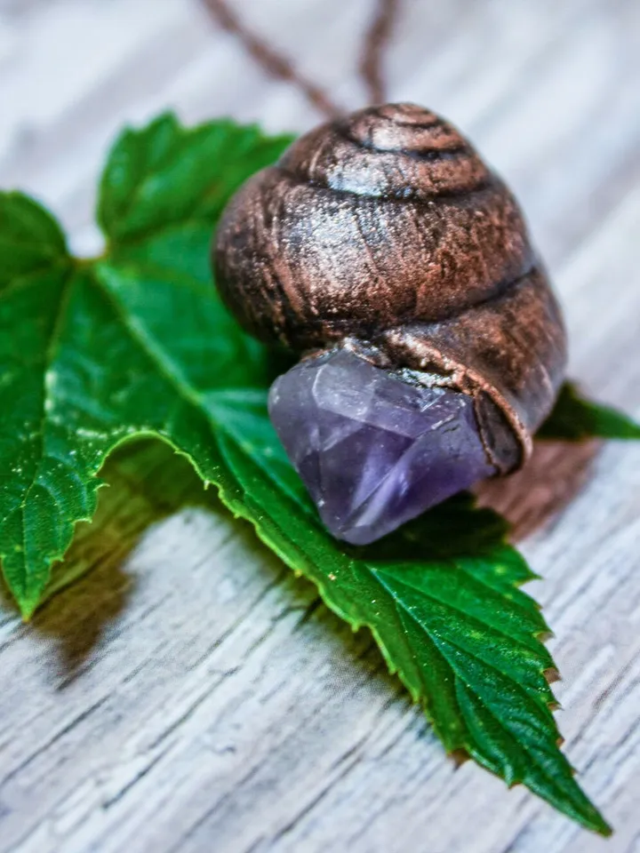 Handmade copper pendant made from real shell using electroforming process, embellished with natural amethyst, great gift for her and him