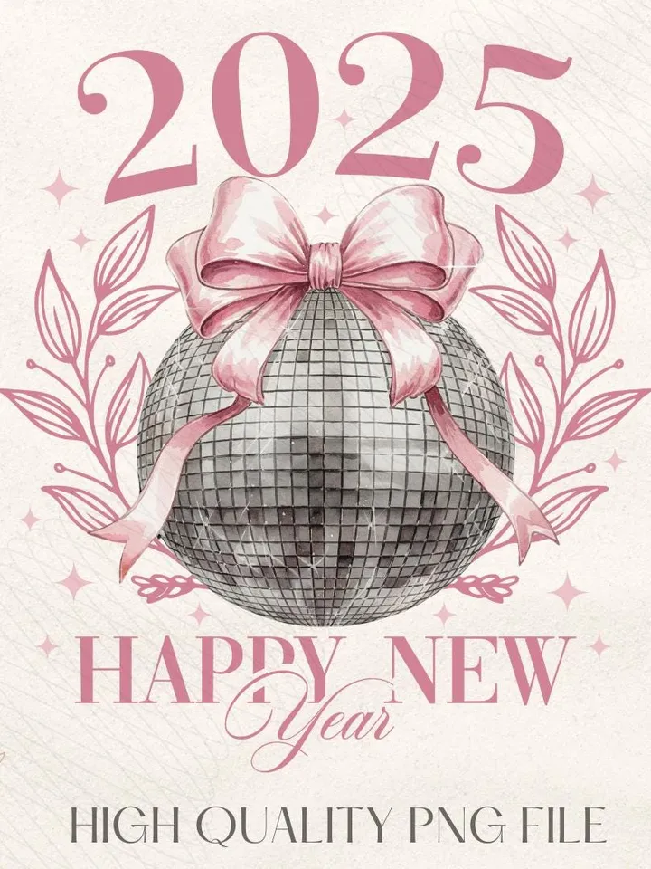 Happy New Year 2025 Png, Disco Ball New Year's PNG, Social Club Coquette Sublimation, Trending Disco Ball, Pink Bow New Year Sublimination