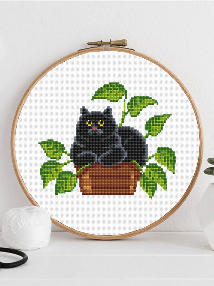 Black cat and plants cross stitch pattern PDF download House plant cross stitch chart, Funny cat pattern digital PDF, Cat lover gift #K45