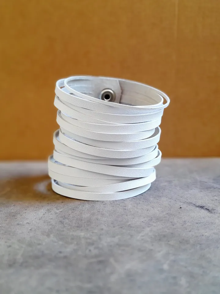 White Multi Strand Leather Bracelet, Extra Wide Summer Boho Cuff, 7 cm / 2.75 inches wide Cuff, Soft and Lightweight Leather Bangle