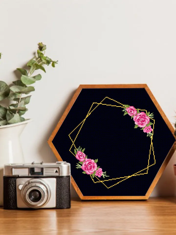 Flower frame cross stitch pattern PDF download Your text here, Roses wreath cross stitch chart, Pentagon frame pattern digital PDF #Y8