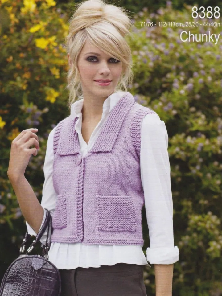 Waistcoat vest knitting pattern chunky bulky aran sleeveless cardigan pattern women ladies vest