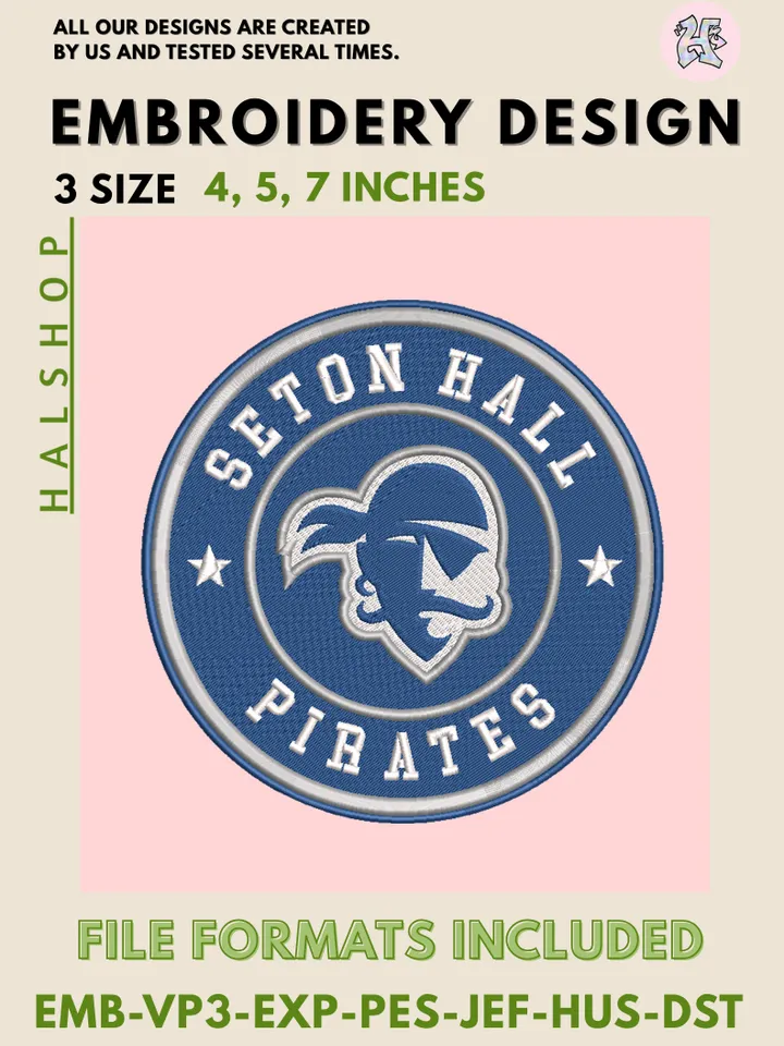 NCAA Seton Hall Pirates Round Logo Embroidery, NCAA Seton Hall Pirates Logo Embroidery Files, NCAA Teams, Machine Embroidery Designs, Digital Download