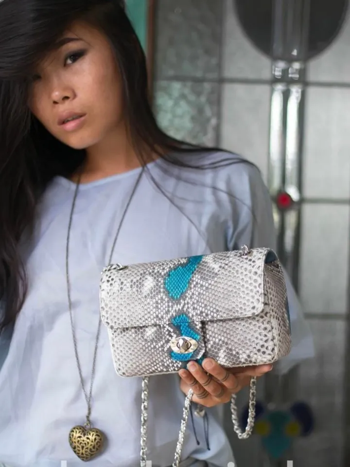 Gray and blue Genuine Python Skin Crossbody Chain Bag | Bright Summer Bag | Elegant Women Bag | Chain Strap Crossbody Deep classy Purse