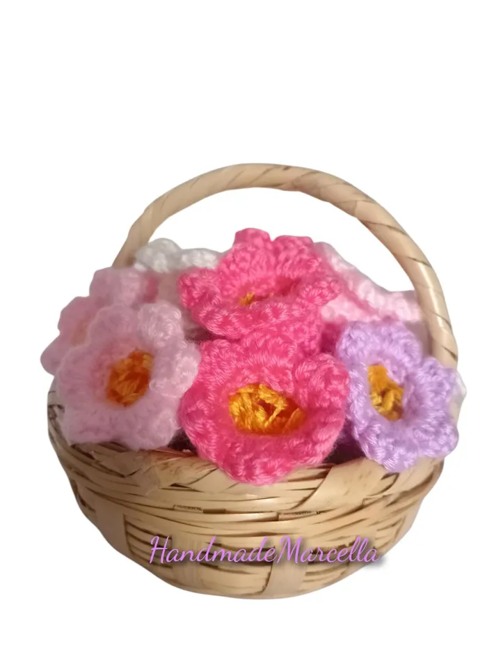 Handwoven Reed Basket with 12 Crochet Lily of the Valley Flowers β Rustic Handmade Home Decor β Hypoallergenic Acrylic Yarn Gift