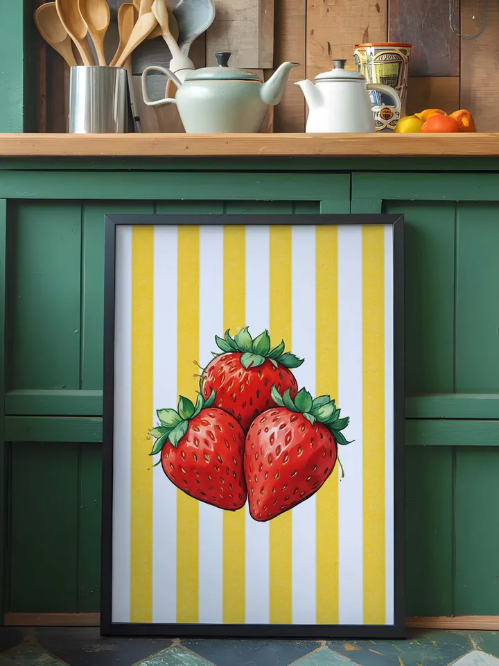Strawberry Vintage Print, Strawberries Wall Art, Kitchen Trendy Poster, Farmhouse Kitchen Drawing, Retro Kitchen Decor, Fruit Wall Art