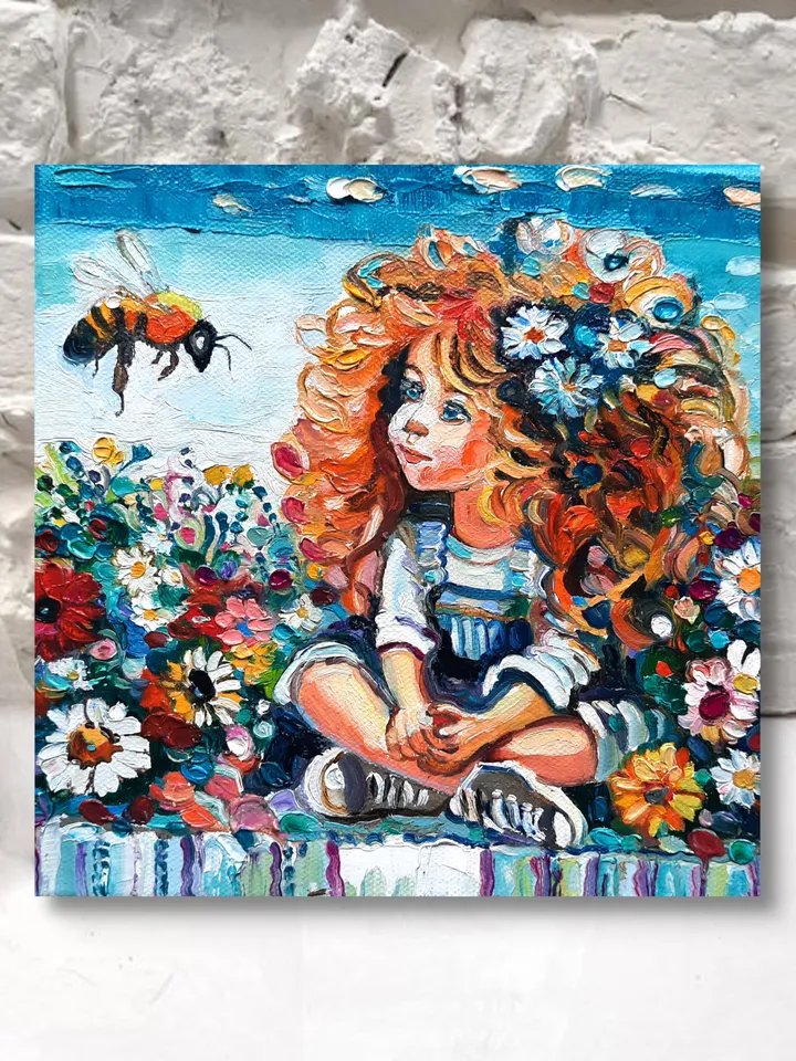 Funny Girl and Bee Original Oil painting 6 by 6 inch