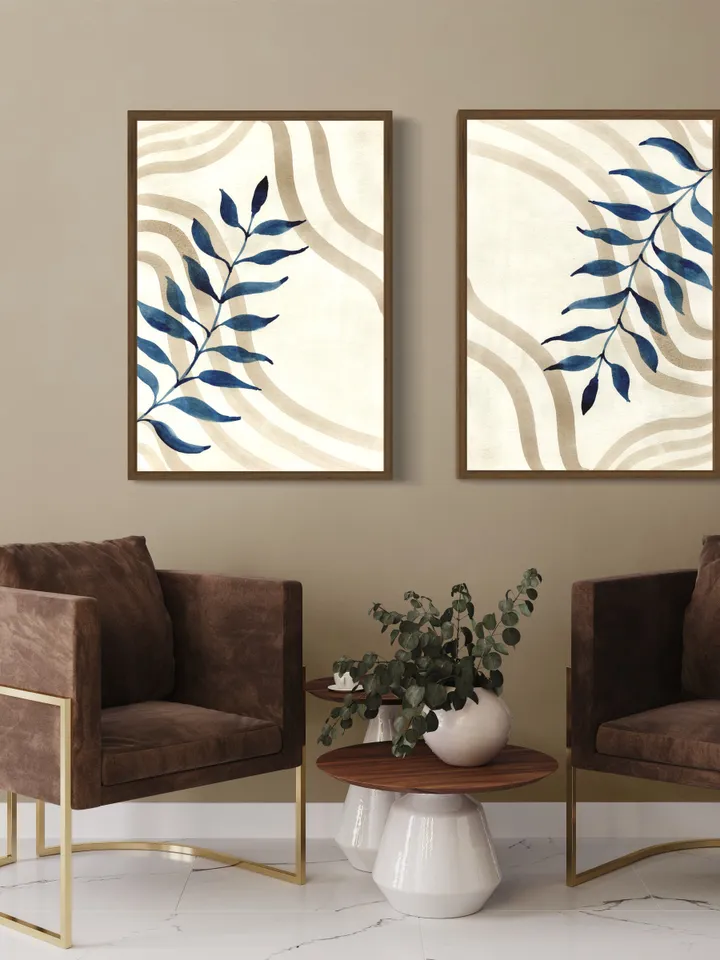 Indigo Beige Floral Minimalist Watercolor Wall Art, Set Of 2, Abstract Art Print, Blue Home Decor,