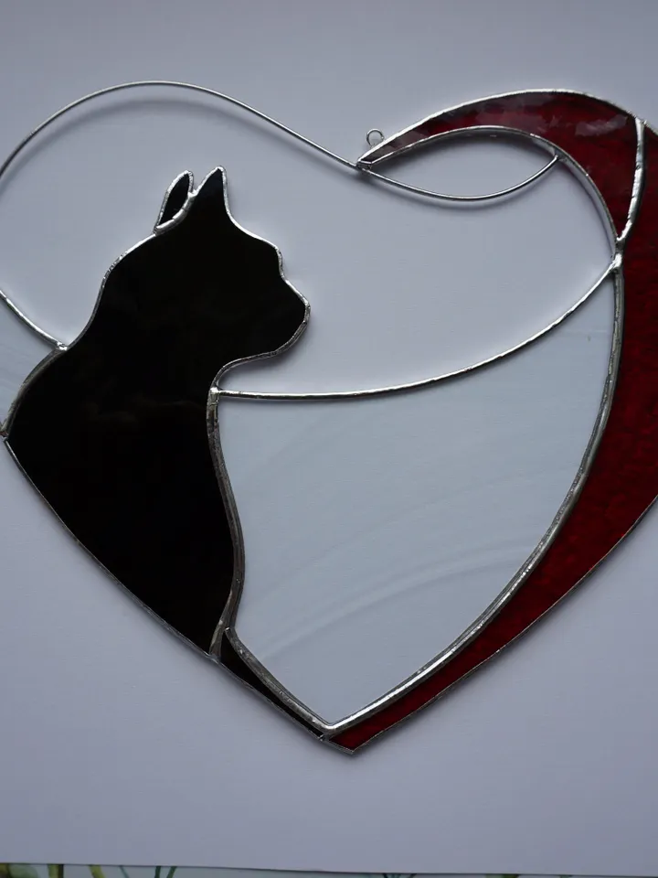 Black Cat in Red Heart . Art stained glass window hanging Suncatcher . Gift for animal lover , pet loss memorial