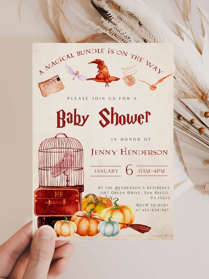 Wizard Baby Shower; Magic School Baby Shower; Pumpkin Harvest Invitation; Autumn Wizard World Baby Shower; Fall; Editable template canva;