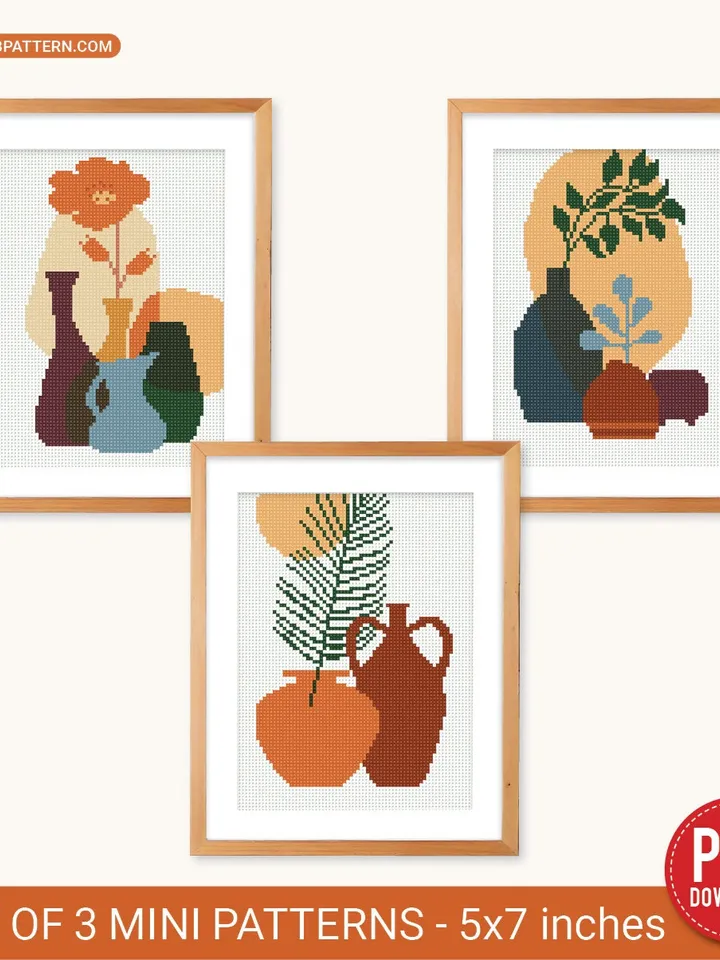 Boho Style Bundle 3 modern cross stitch pattern, mini, Flower in Vase, digital, beginners, embroidery, counted, chart, gift DIY, PDF