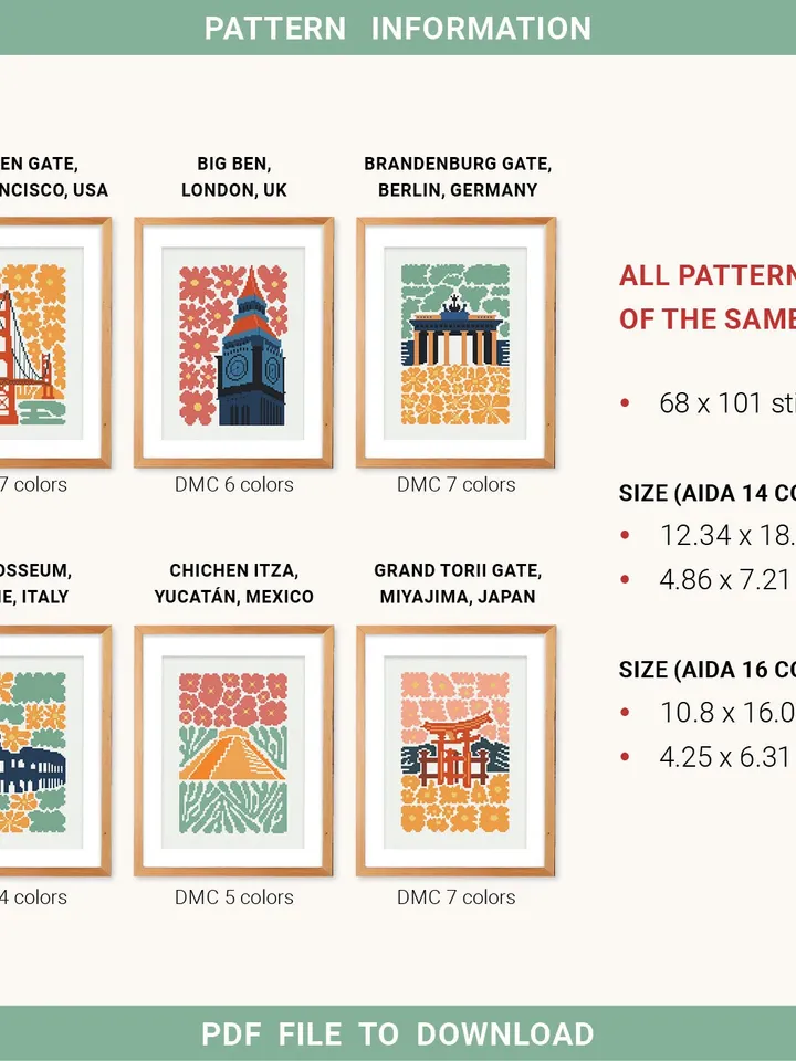 Bundle of 6 mini city Cross stitch patterns contemporary famous architecture Abstract Floral beginner counted modern embroidery instant PDF