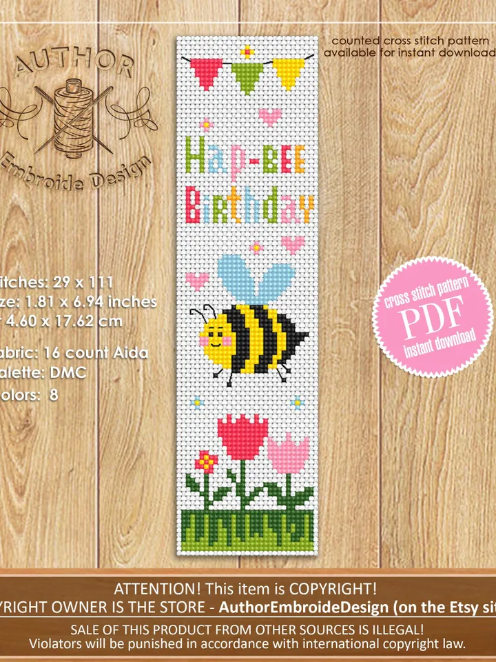 Birthday bookmark cross stitch pattern PDF download Funny bee cross stitch chart, Simple bookmark pattern digital PDF for beginners #B455