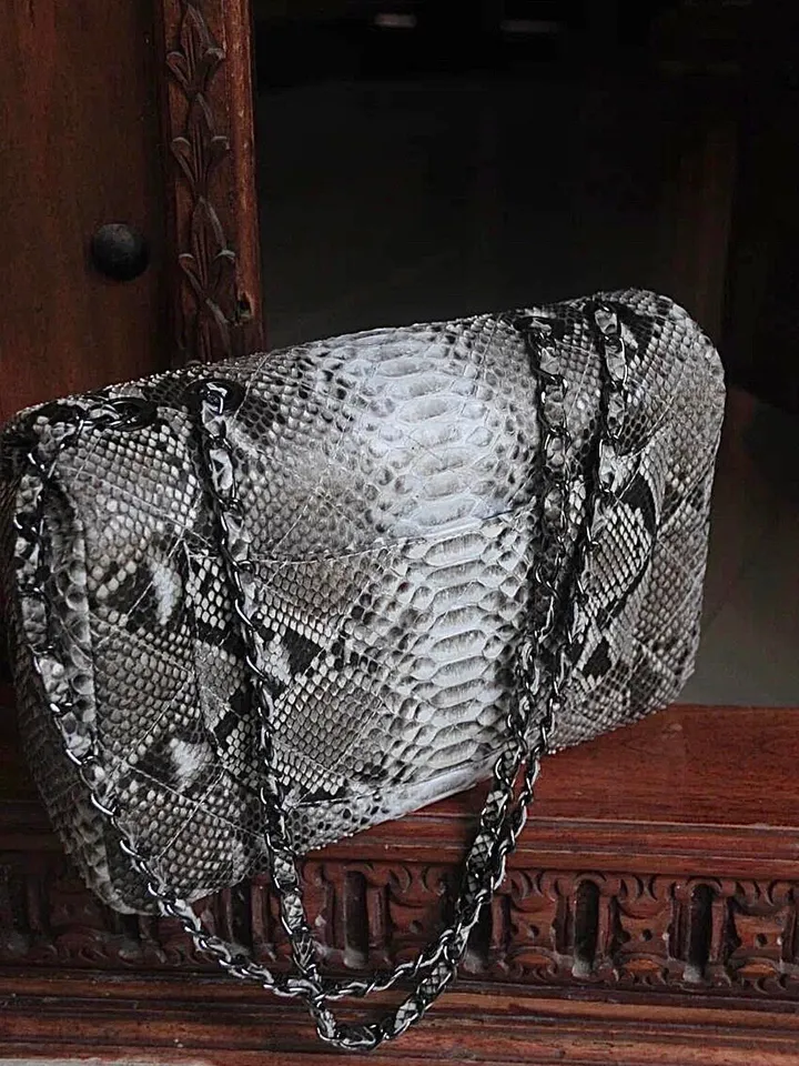Genuine python skin classy stitched big gray crossbody | designer women leather handbag | snakeprint bag | crossbody purse | gift for her