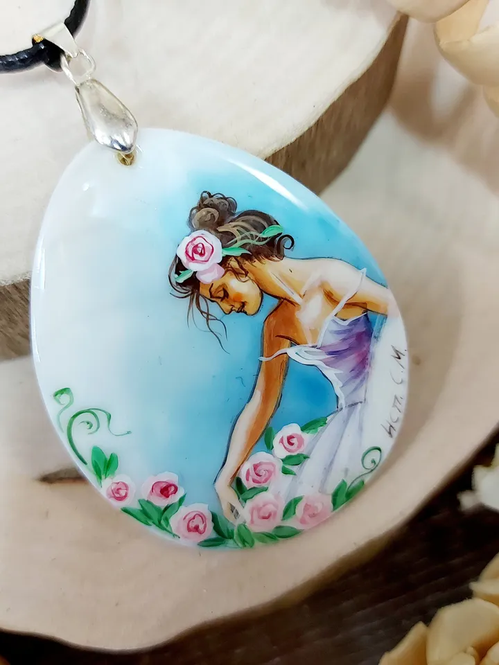Mother of pearl Russian hand-painted Necklace pendant "Charming Ballerina" Hand paint necklace pendant