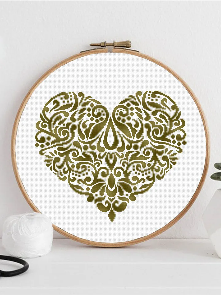 Floral heart cross stitch pattern PDF download Heart mandala cross stitch chart, Monochrome heart ornament cross stitch, Home decor #M229