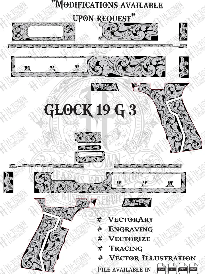 Glcok 19 Gen 3 Engraving Scroll Vector | Ornamental Grip Design | Full Slide Svg Png AI EPS | Custom Laser Template