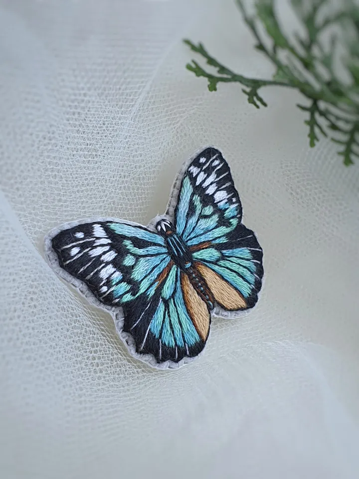 Butterfly Brooch. Hand-embroidered brooch, artistic satin stitch.