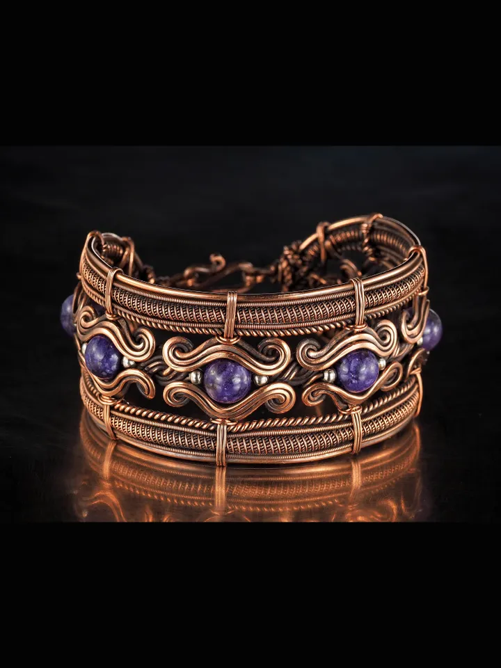 Copper wire wrapped bracelet with charoite for lady Antique style WireWrapArt