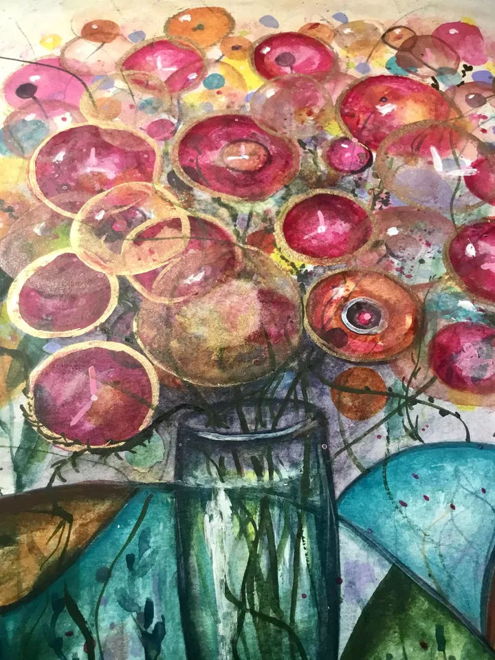 Flowers in a vase fantasy,original watercolor painting,colourful fantasy flowers wall art,home decoration,gift
