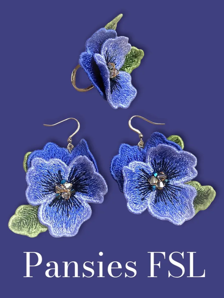Pansies FSL machine embroidery designs Free standing lace embroidery pattern 3D flower embroidery motif Flower FSL embroidery Earrings FSL