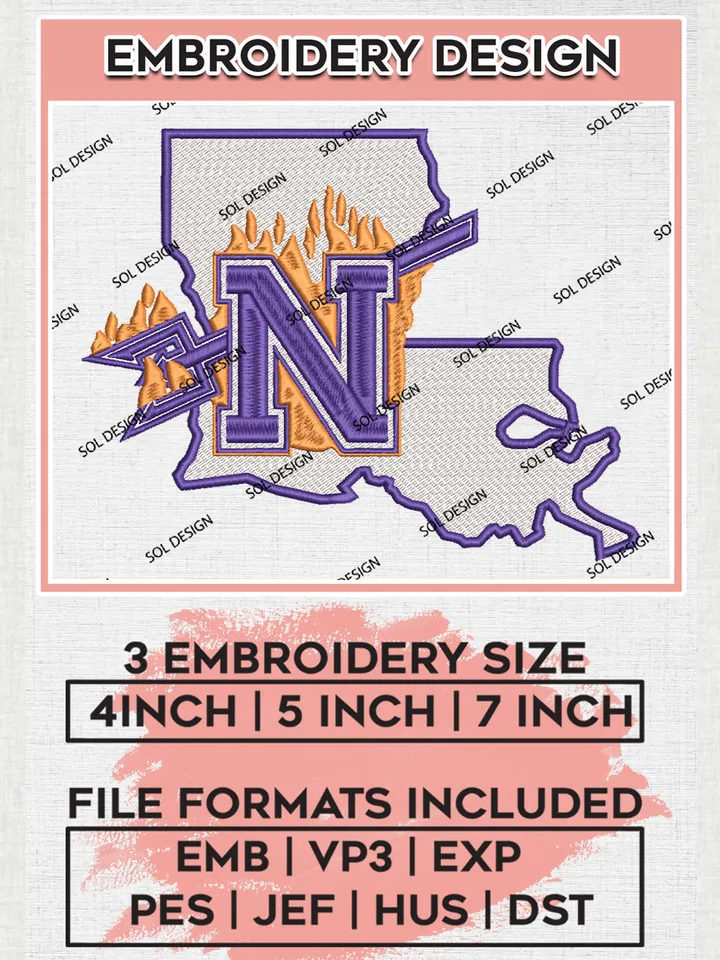 NCAA Northwestern State Demons Team Letter Logo Embroidery Design Files, NCAA Northwestern State Demons Machine Embroidery, NCAA Teams, Game Day, 3 sizes, NCAA Machine embroidery designs, Digital Download
