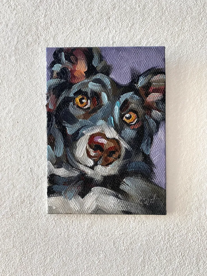 Dog oil painting original, Pet portrait artwork, Animal miniature wall art 4x6