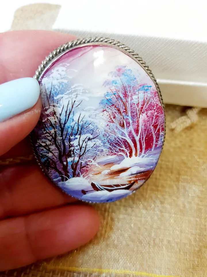Brooches for women: river and charming little boat in a snow-covered forest on pearl brooch • purple dainty handmade jewelry • Aesthetic pin
