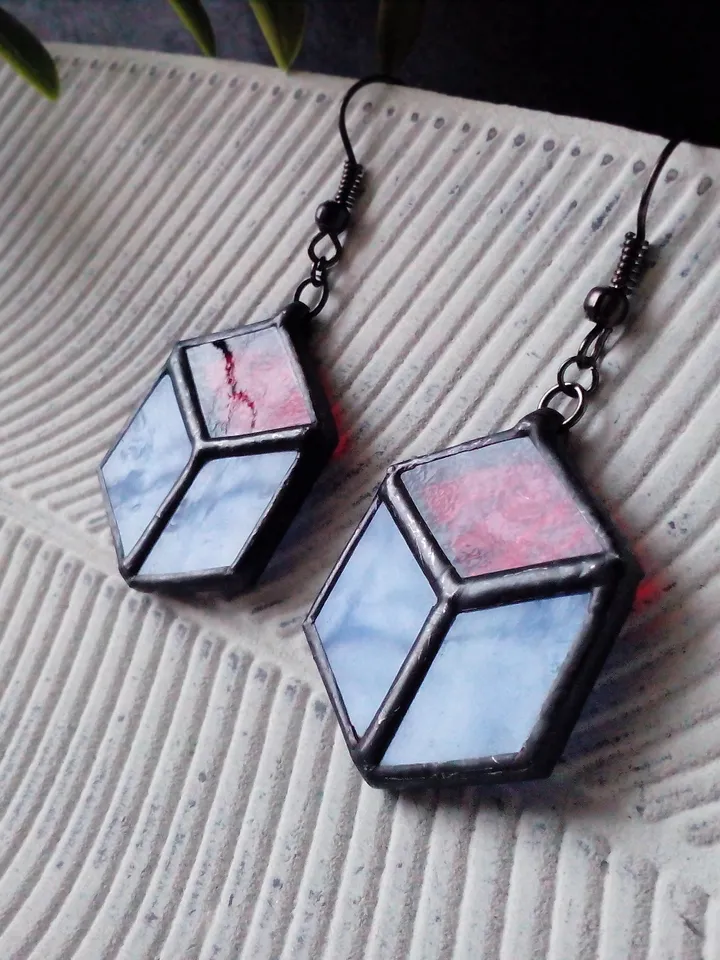 Cube earrrings, hexagon earrings, geometric earrrings, simple stained glass, blue stained glass, honeycomb