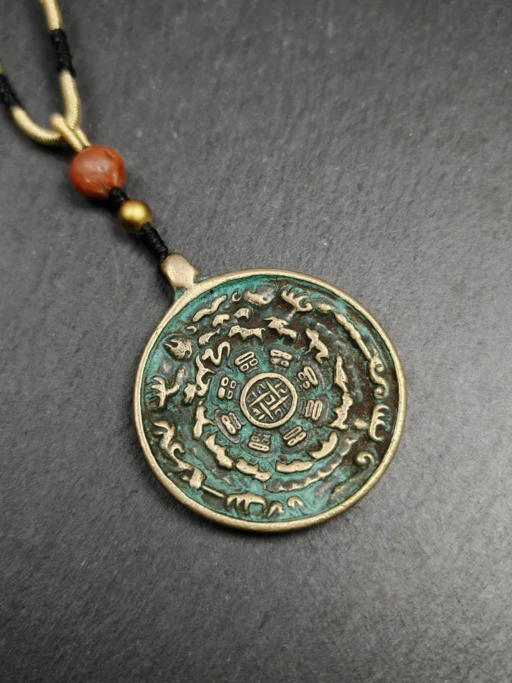 Gandhanra Vintage Tibetan Buddhist Calendar Amulet Sipaho Badge - Lima Brass Melong Mirror Protective Charm Feng Shui Pendant,43mm