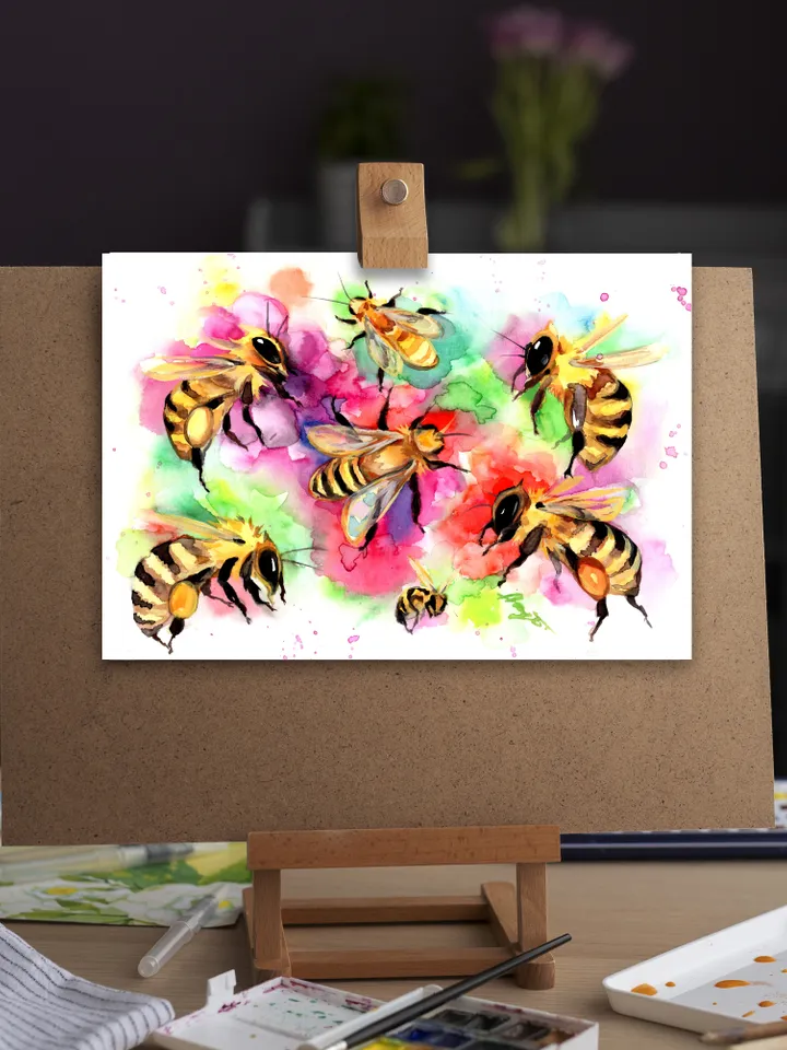 Bees original watercolour, bee painting, flowers wall decor, 8x11 in art for natura lovers by Anne Gorywine