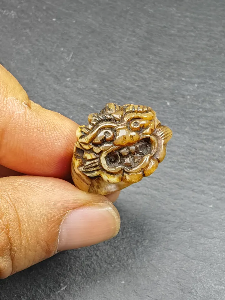 ONLY ONE - Gandhanra Hand Carved Tibetan Yak Bone Ring, Snow Lion Pattern,US Size 7.5,Inner Diameter 17.75mm