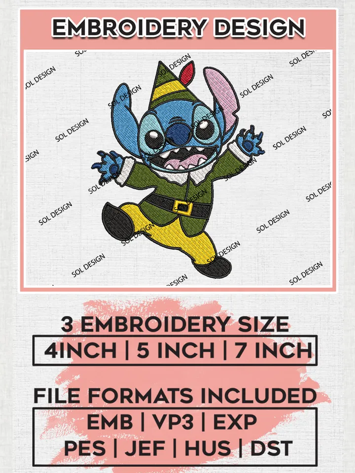 Cute Stitch Christmas Elf Embroidery Design Files, Disney Christmas Machine Embroidery, Disneyland Family Holiday, 3 sizes, Cute Christmas Machine embroidery designs, Digital Download
