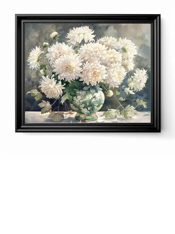 Bouquet of white chrysanthemum in a vase watercolor drawing, digital illustration, digital painting , wall art decoration. AI
