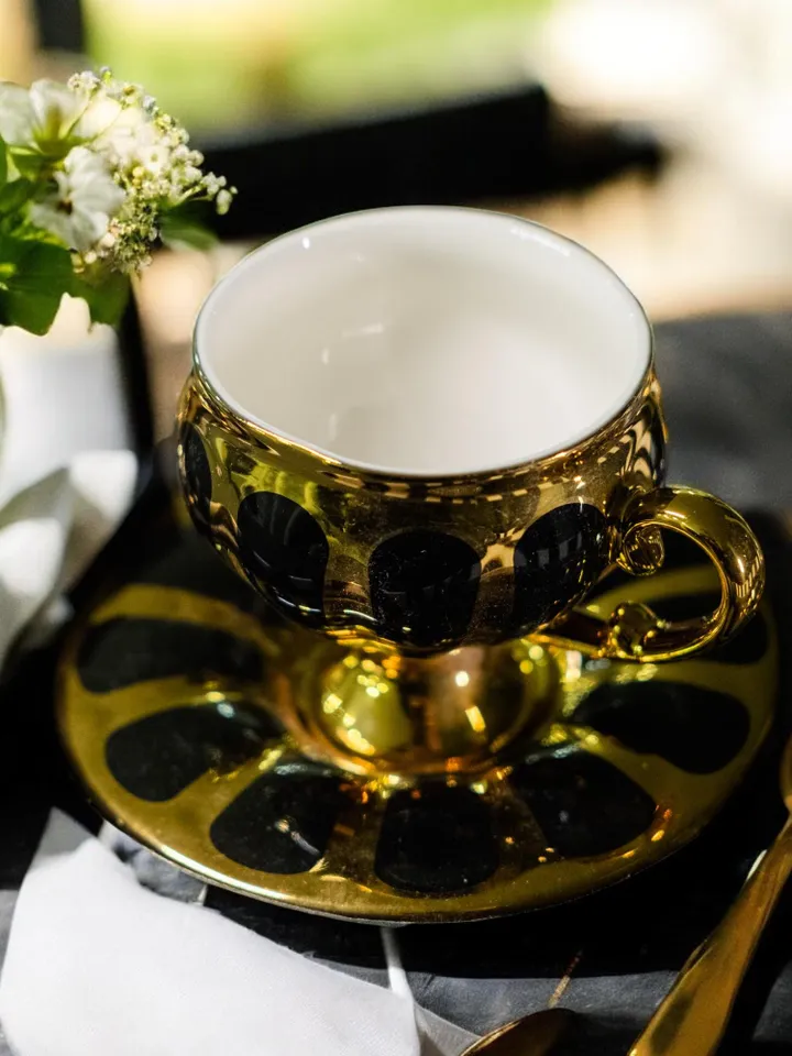 Black And Gold Colour Porcelain Tea Cups and Saucers | Tea Cups Saucers Set | Porcelain Set | Elegant Teaware | Gift For Tea Lovers